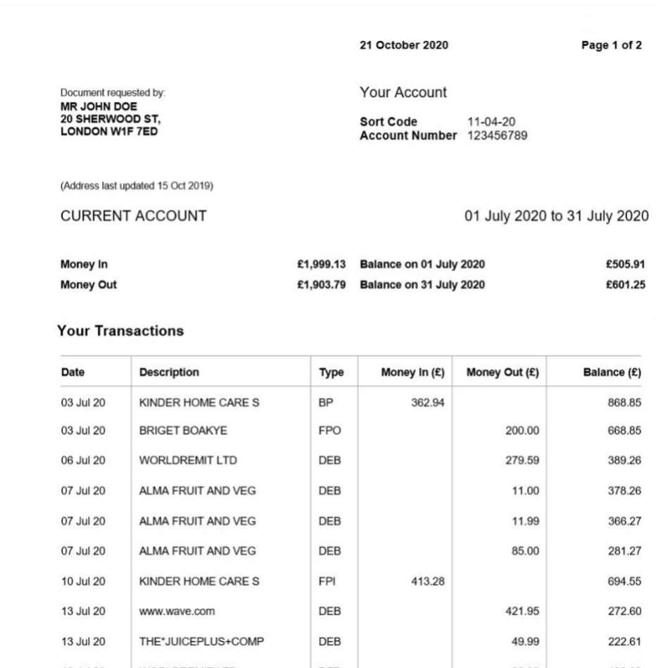 Example bank statement for the period 1st July through to 31st July. At the start of the statement period, the balance is £505.91. After the first transaction, the balance is £868.85. Multiple transactions in and out are listed. The balance at the end of the statement period is £601.25.